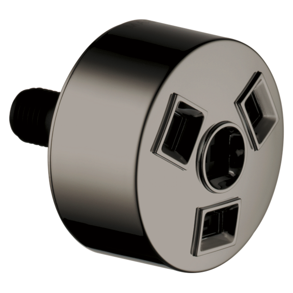 Chrome cylindrical showerhead with multiple spray nozzles and selection controls on face.