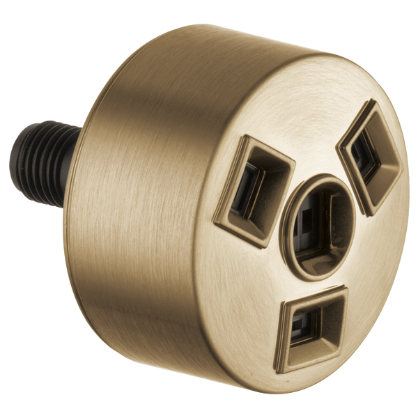 Brushed gold cylindrical shower head with three rectangular spray ports and one circular port, black threaded connector.