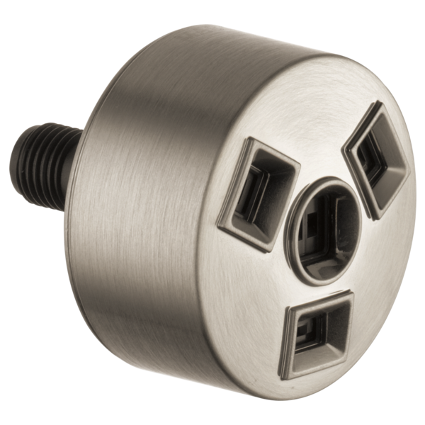 Chrome circular shower spray head with multiple rectangular and round nozzles and threaded connection port.