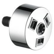 Chrome showerhead with circular face, multiple spray openings, and threaded connection port.
