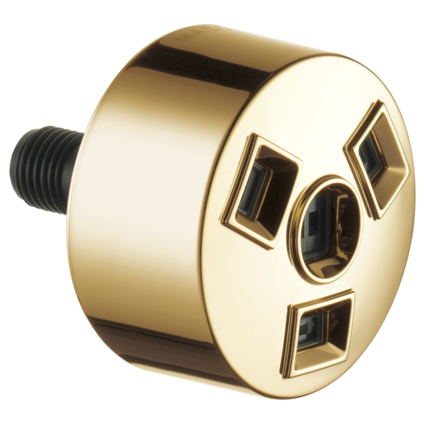 Gold-toned cylindrical showerhead with multiple spray openings and black threaded connector.