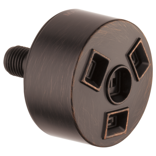 Round oil-rubbed bronze showerhead with multiple spray openings and threaded connection port.