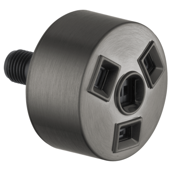 Brushed nickel cylindrical showerhead with multiple black spray nozzles and threaded connection port.