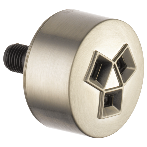 Brushed nickel circular shower spray head with three geometric jet openings and black threaded connection port.
