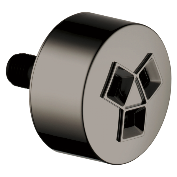 Cylindrical chrome shower head with geometric square spray nozzles and black connection port.