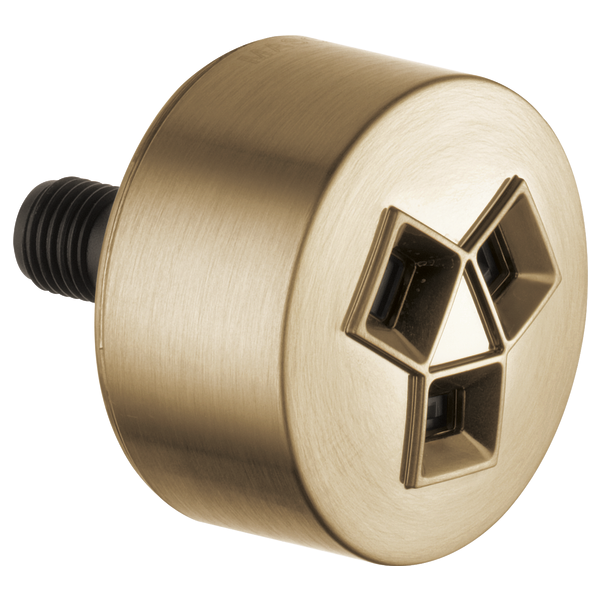 Brushed gold circular spray head with three square nozzle openings and black threaded connector.