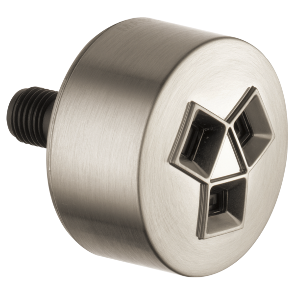Brushed nickel shower spray head with three square jet openings and black threaded connector.