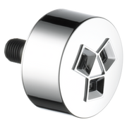 Chrome cylindrical shower head with three square spray nozzles and black threaded connector.