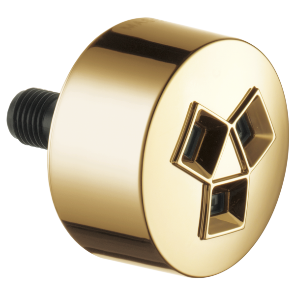 Brass-finish cylindrical shower head with geometric spray openings and black threaded connection port.