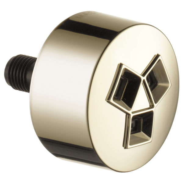 Polished nickel cylindrical showerhead with three square spray outlets and black threaded connection port.