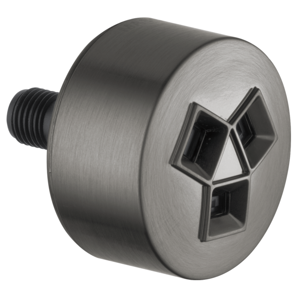 Chrome shower head with three square spray nozzles and threaded connection port.