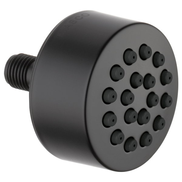 Black cylindrical spray head with multiple jet openings and threaded connector.