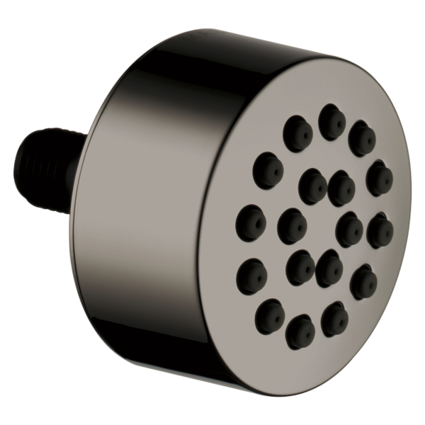 Chrome showerhead with multiple spray holes and black connector port on cylindrical body.