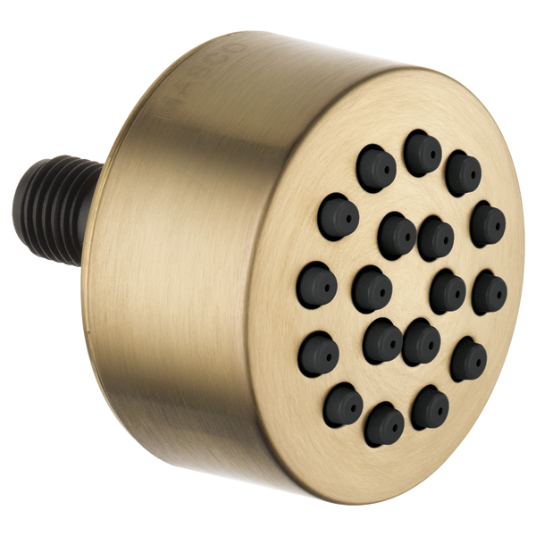 Round brass spray head with multiple black nozzles and threaded black connector on side.
