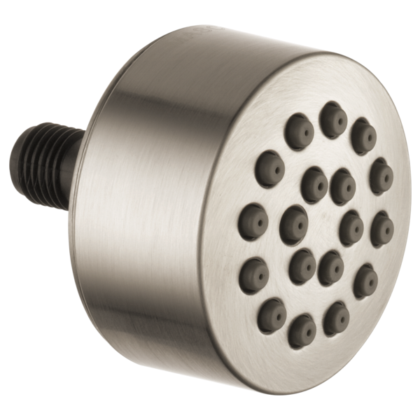 Chrome spray head with brushed finish and multiple circular spray jets, threaded connector on side.