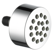 Chrome showerhead with multiple circular spray nozzles and black threaded connection fitting.