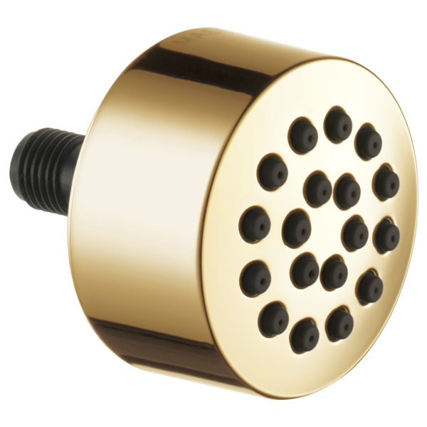 Champagne bronze cylindrical spray head with multiple black spray nozzles and threaded connector.