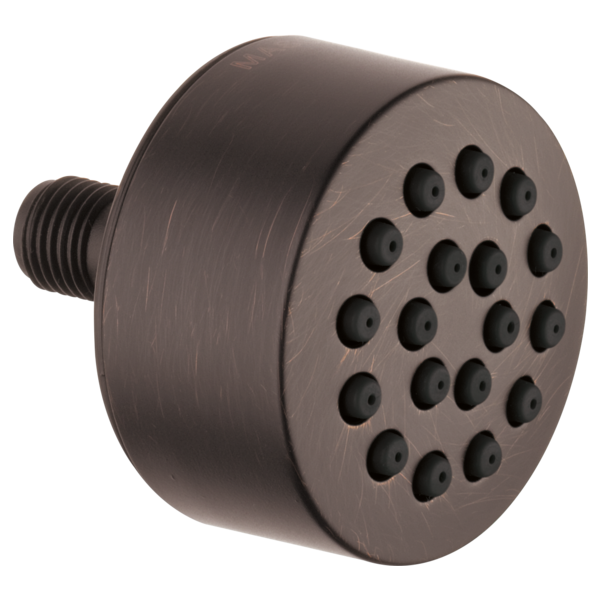 Dark bronze cylindrical spray head with 16 circular nozzles and threaded inlet connection.
