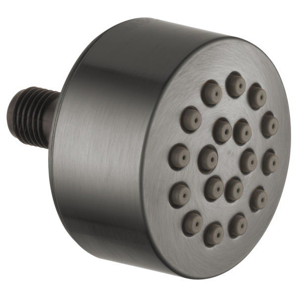 Brushed nickel round shower head with multiple spray holes and threaded connection port.