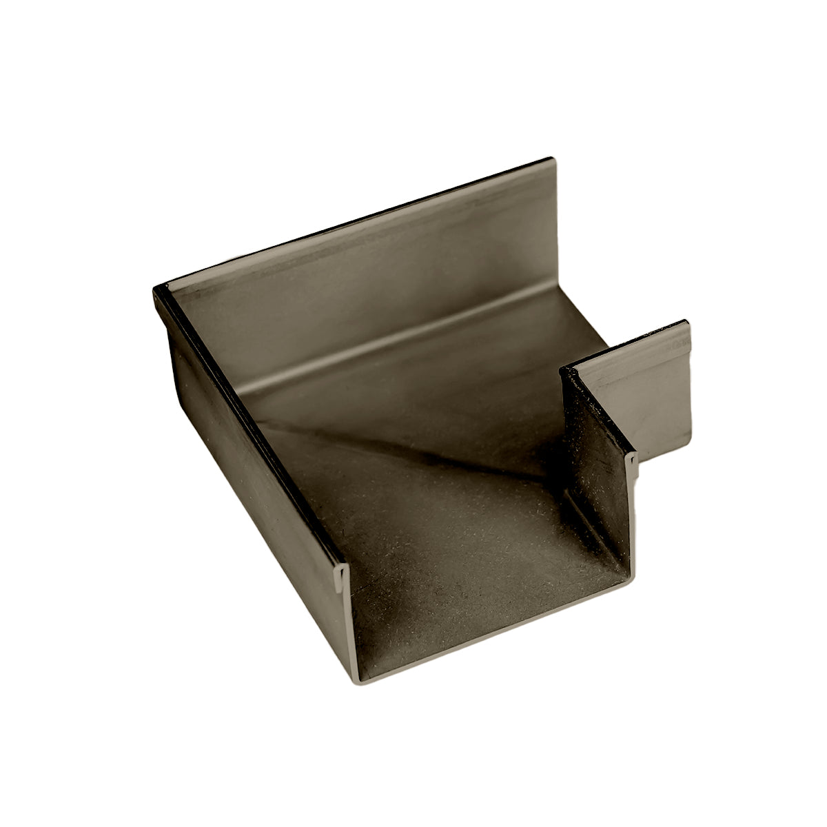 Oil rubbed bronze linear drain component with angled sides and outlet tabs on white background.