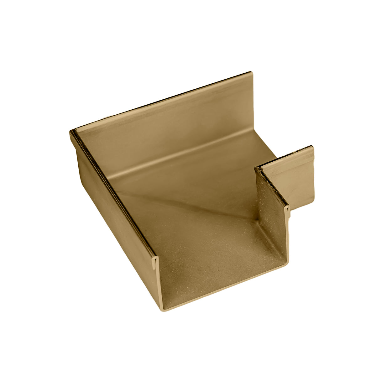 Satin bronze linear drain component with angled sides and outlet spout.