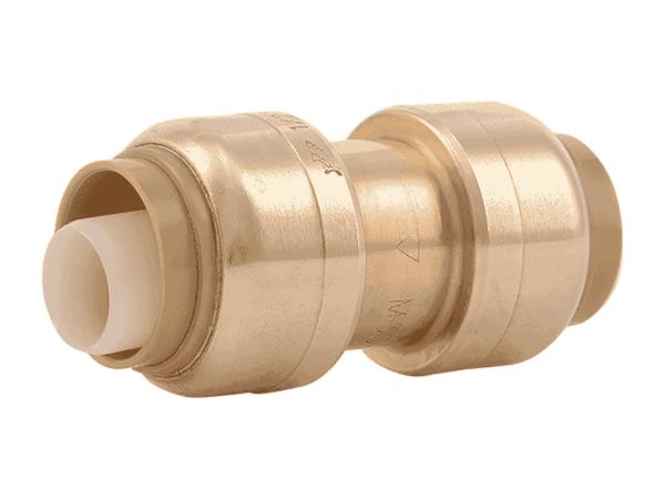 Brass push coupling with white inlet tubes on each end, cylindrical body with grip rings.