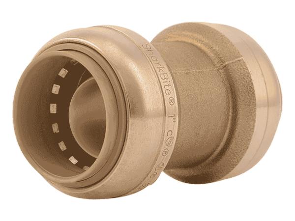 Brass push coupling with 1" connection ports, showing internal grip rings and coupling mechanism from two angles.
