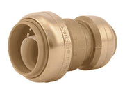 Brass push-fit reducing coupling with 1" connection on left side and 3/4" on right side.