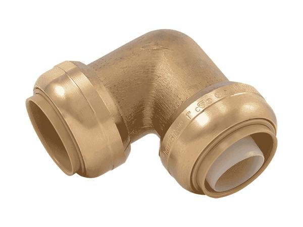 Brass 90-degree elbow fitting with push-connect ports on both ends and grip rings.