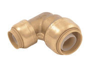Brass push-fit 90-degree elbow connector with two cylindrical ports at right angles.