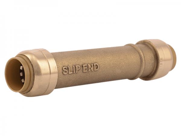 Brass push slip coupling with "SLIP END" marking and connecting ports on both ends.