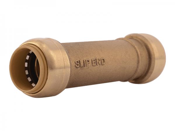Brass push-fit slip coupling with ribbed grip collars on each end and "SLIP END" text on barrel.