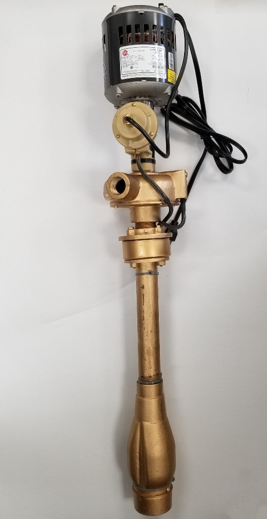 Shellback torpedo sump pump with black motor head, brass shaft, and discharge ports.