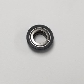 Round black and silver metal shaft seal with hollow center, viewed from above on white background.