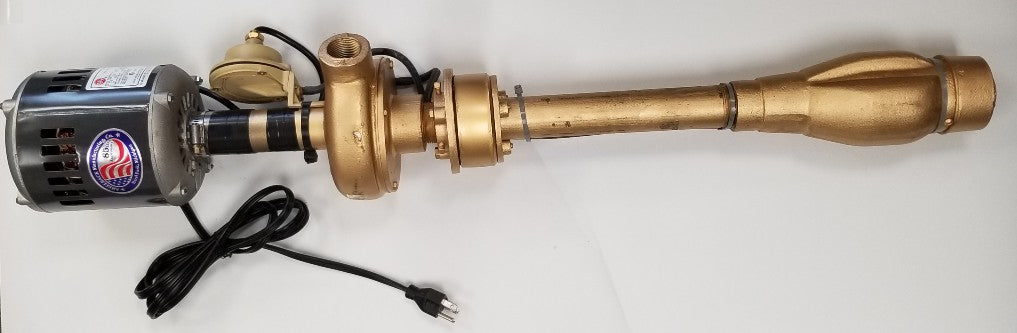 Brass torpedo sump pump with black electric motor and power cord attached to left side.