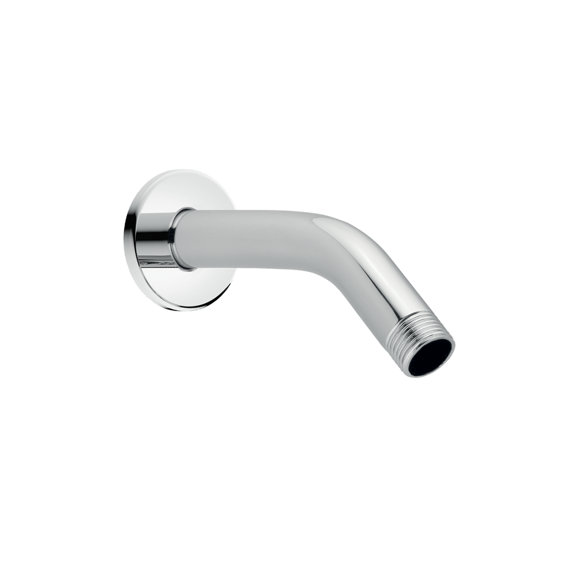 Polished chrome shower arm with circular wall mount and threaded outlet, angled downward.