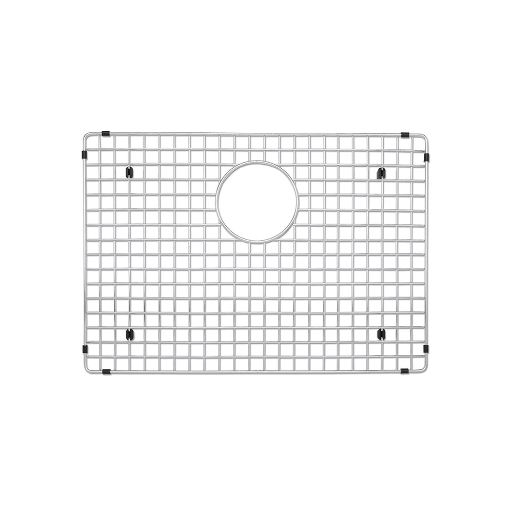 Stainless steel sink grid with square mesh pattern and circular drain hole, featuring black corner clips.