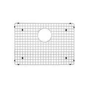 Stainless steel sink grid with square mesh pattern and circular drain hole, featuring black corner clips.