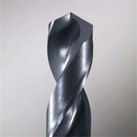 Black oxide twisted drill bit with pointed tip and spiral flutes, 1/2 inch diameter.