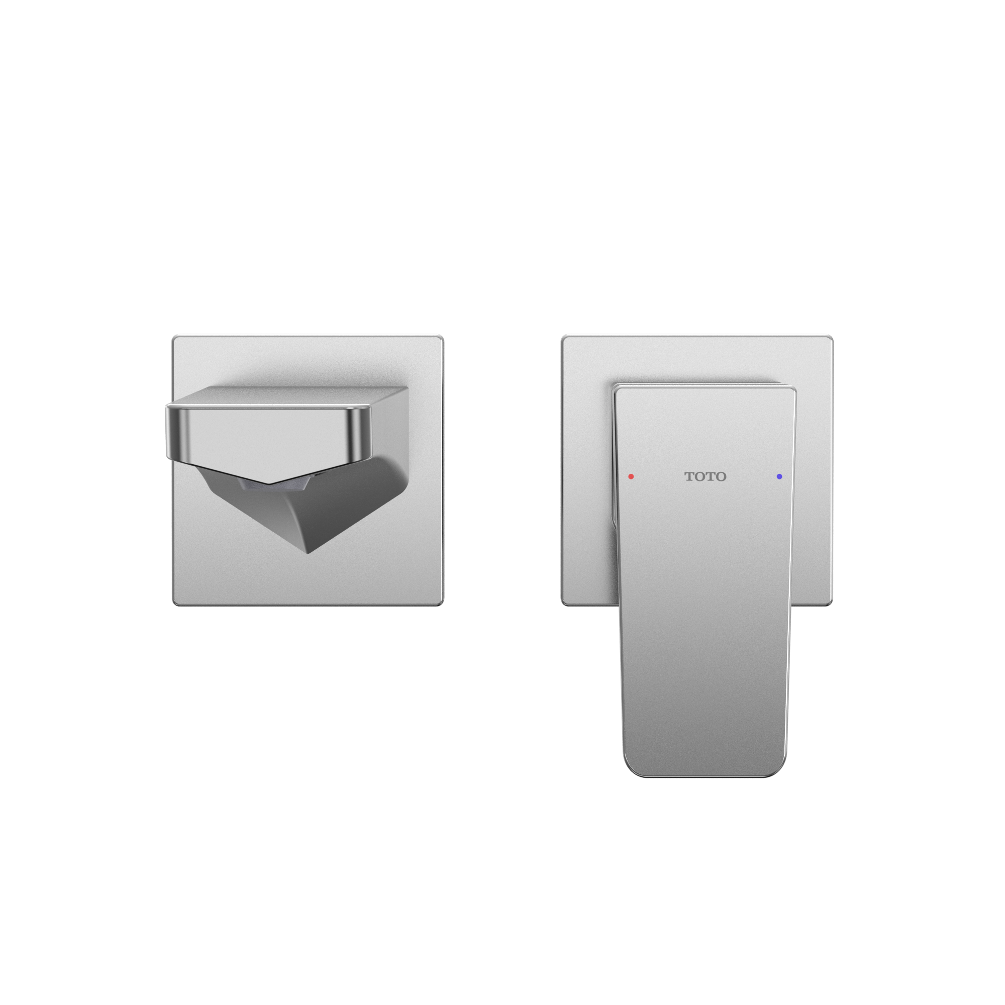 Polished chrome wall-mount bathroom faucet with single handle and rectangular spout shown from front and detail views.