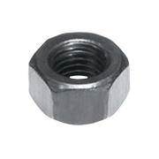 Metal hex nut with internal threading and six-sided head.