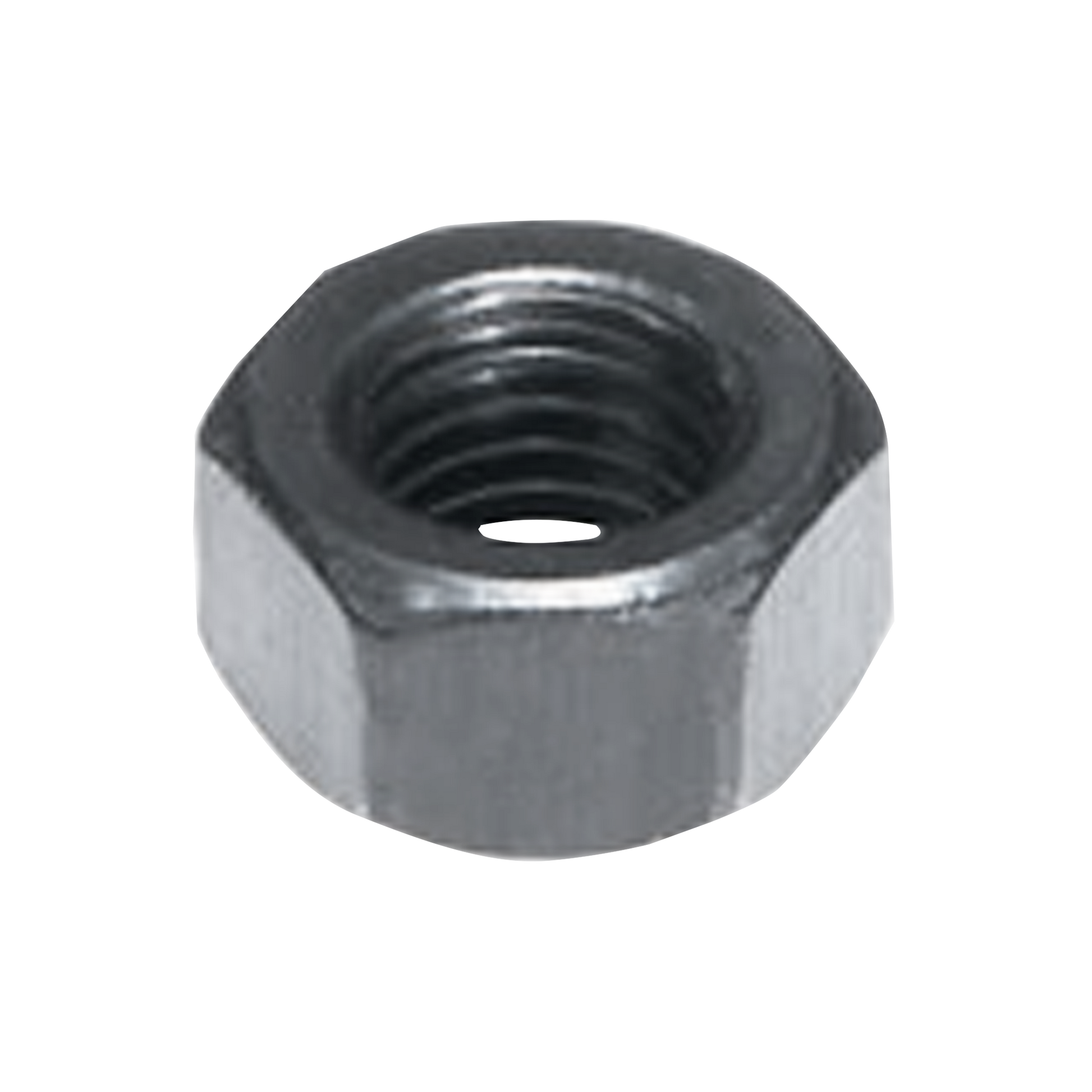 Metal hex nut with internal threading and six-sided exterior on white background.