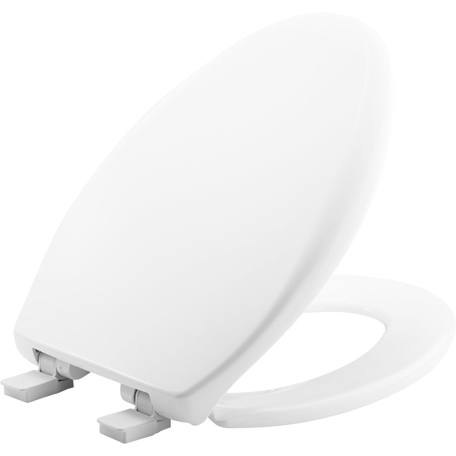 Cotton white elongated plastic toilet seat with soft-close lid and adjustable hinge system.