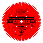 Red circular saw blade with 80 teeth, 10" diameter, 5/8" arbor hole, labeled Freud Industrial Ultimate Plywood & Melamine.