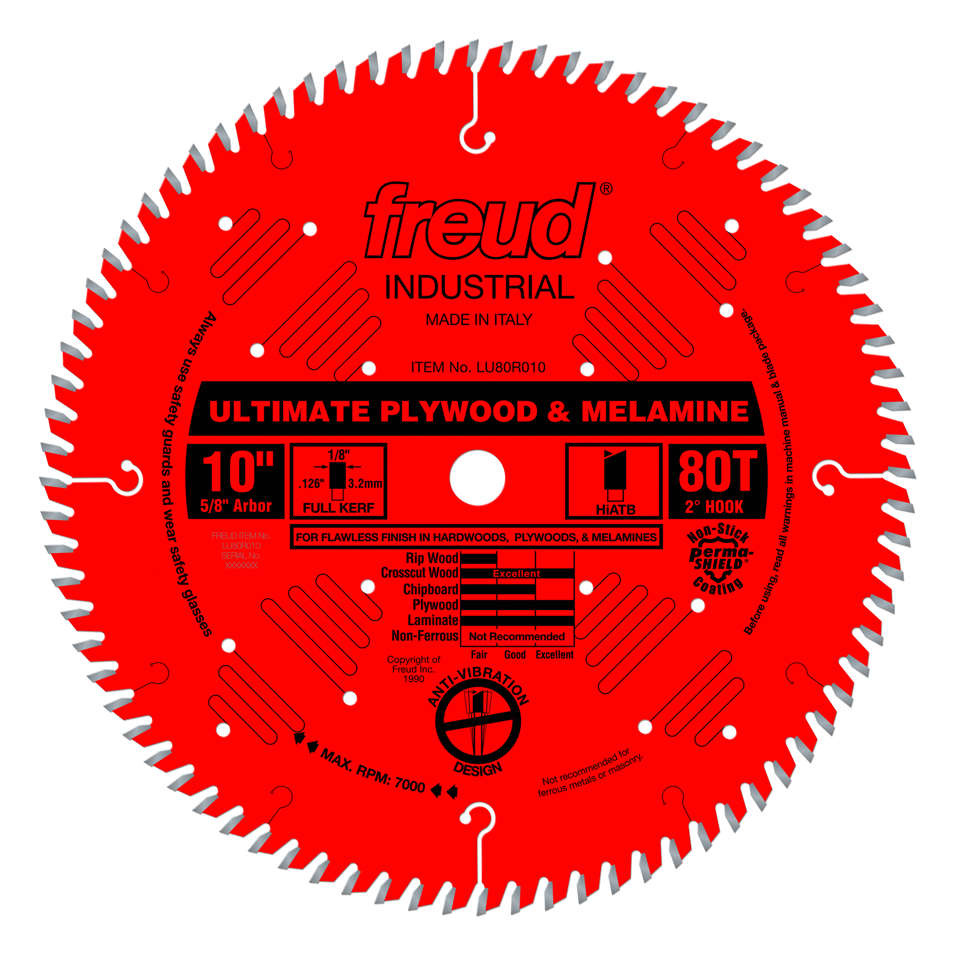 Red circular saw blade with 80 teeth, 10" diameter, 5/8" arbor hole, labeled Freud Industrial Ultimate Plywood & Melamine.