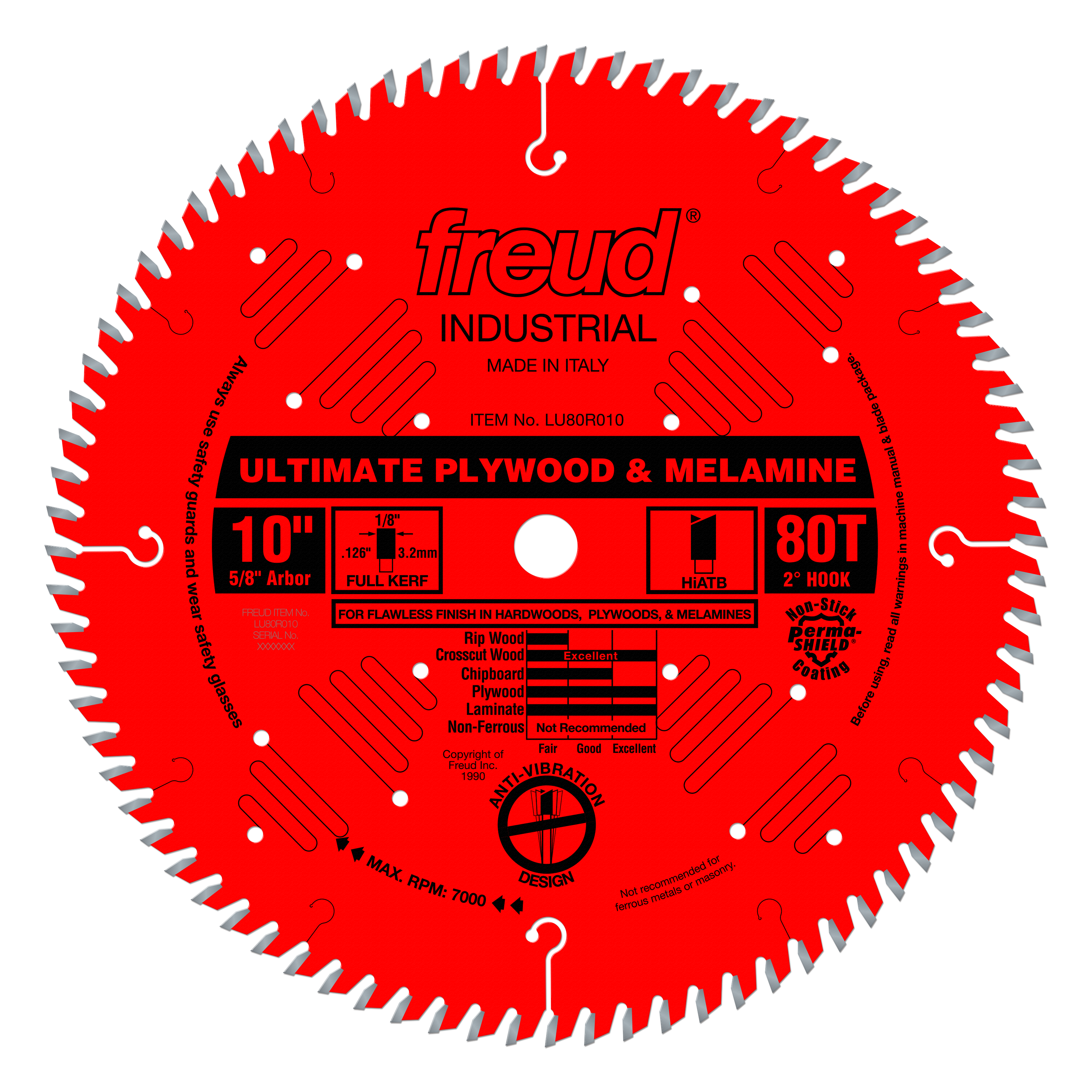Red circular saw blade with 80 teeth, 10" diameter, 5/8" arbor hole, labeled Freud Industrial Ultimate Plywood & Melamine.