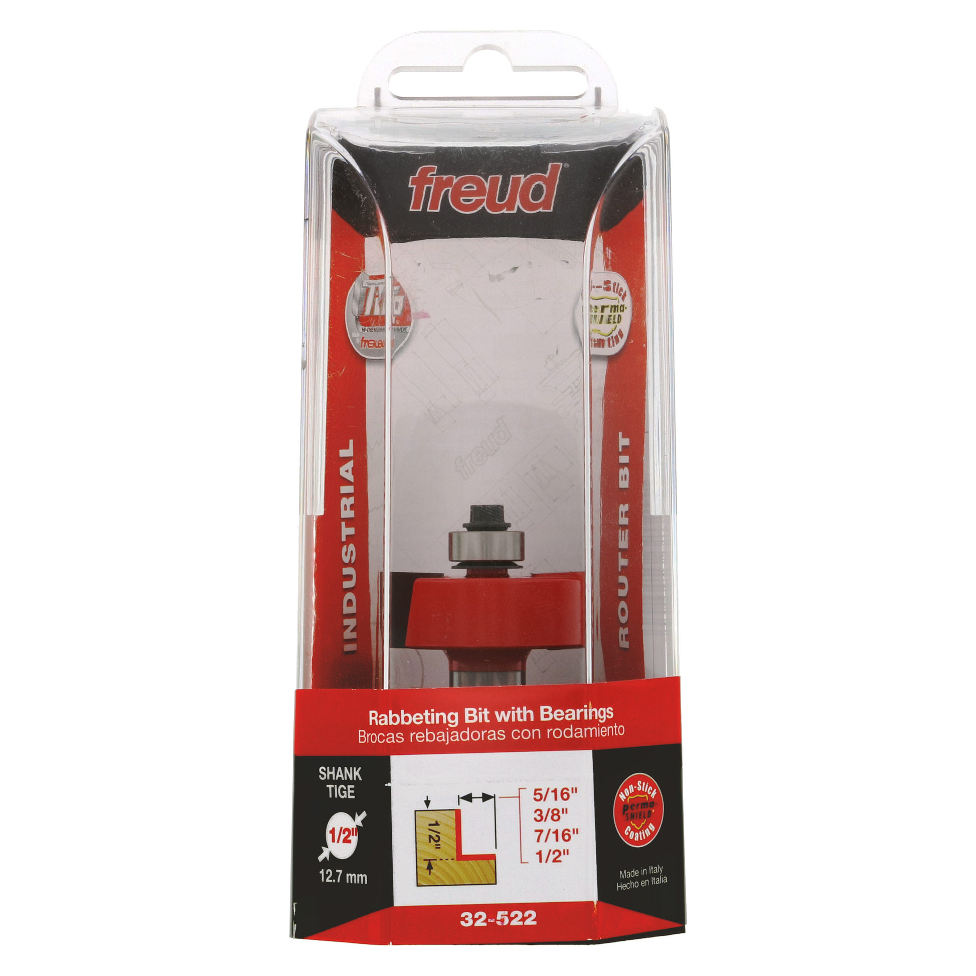 Freud rabbeting bit with red body, metal shank, and bearings in clear plastic clamshell package.