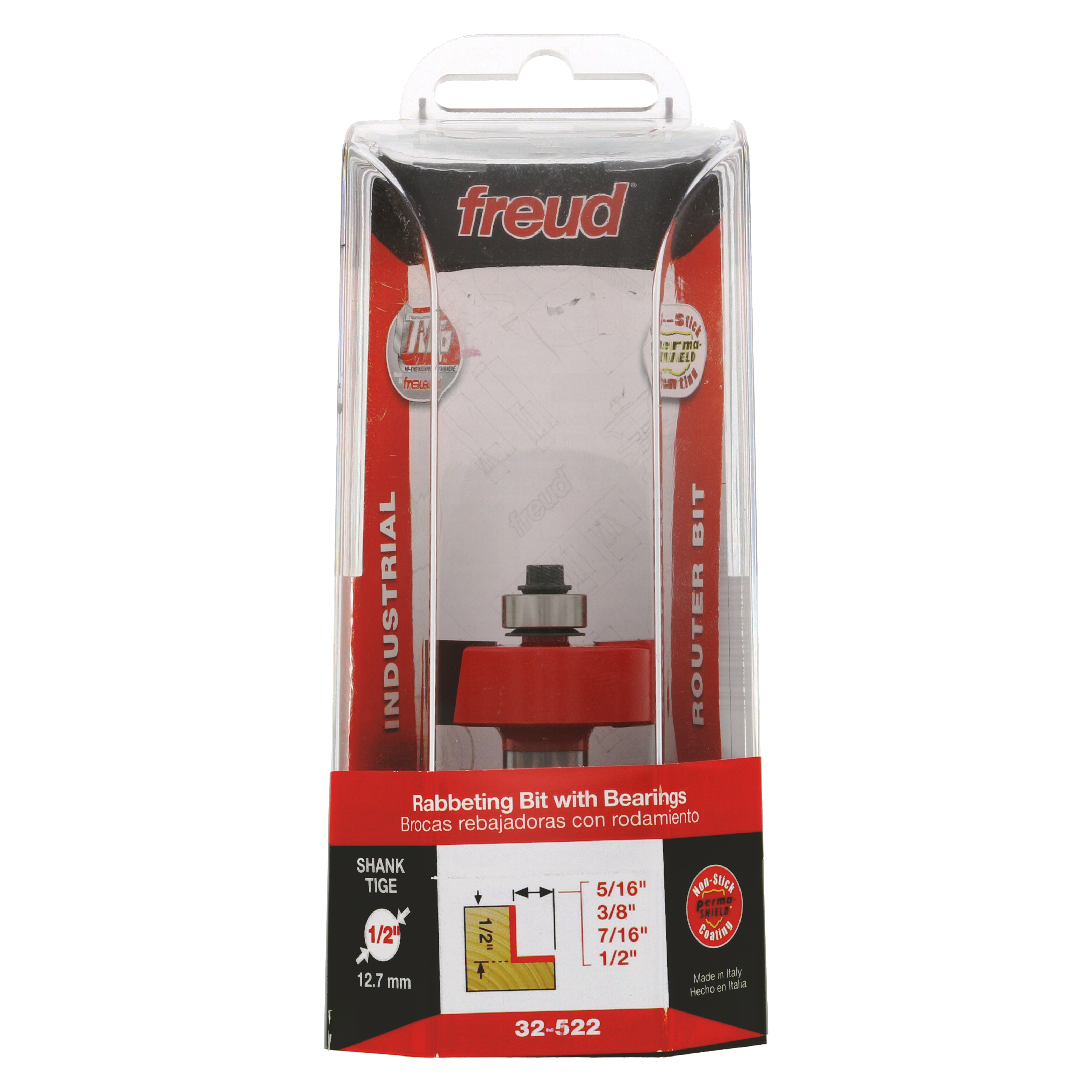 Freud rabbeting bit with red body, metal shank, and bearings in clear plastic clamshell package.