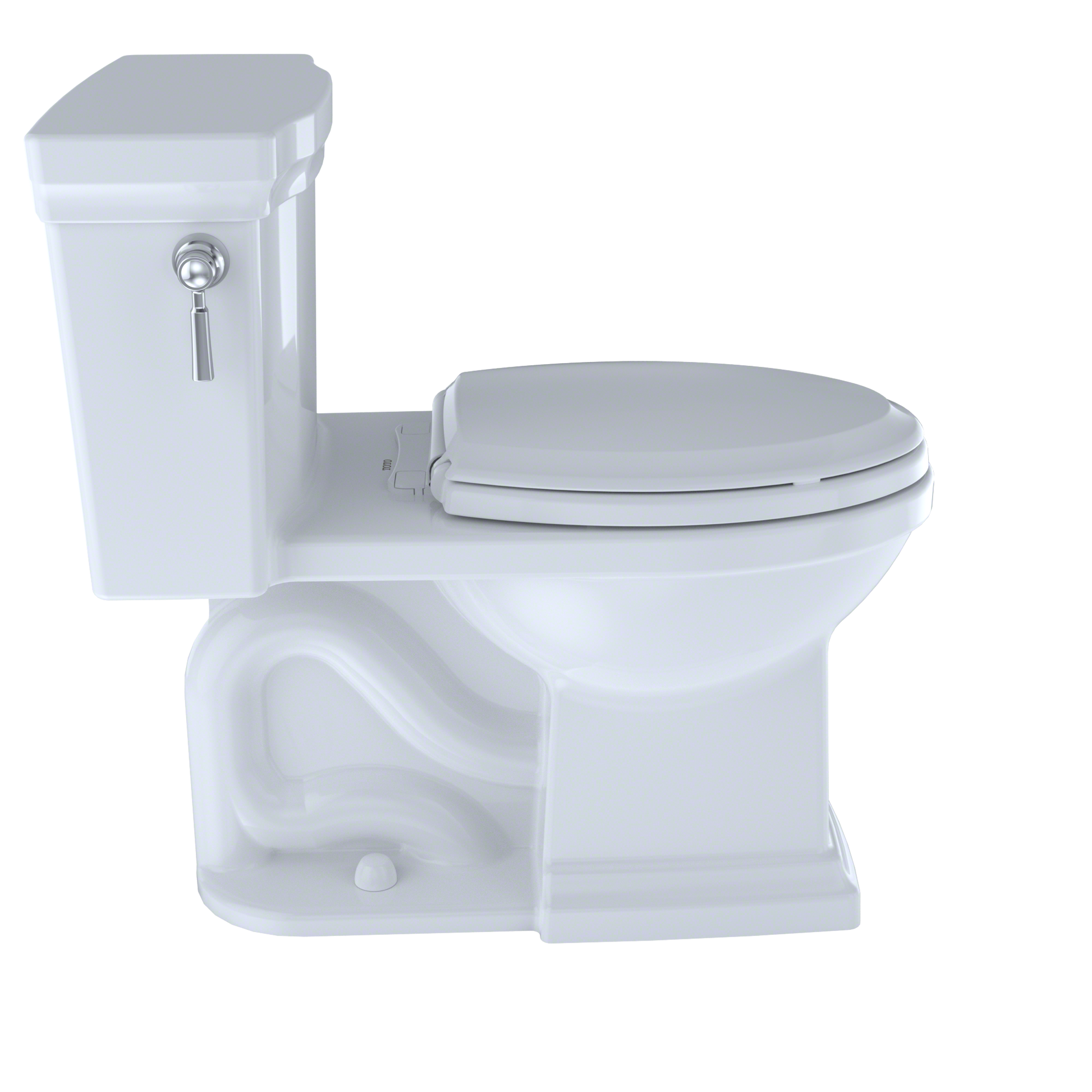 White one-piece elongated toilet with gray soft-close seat and integrated tank with chrome lever handle.