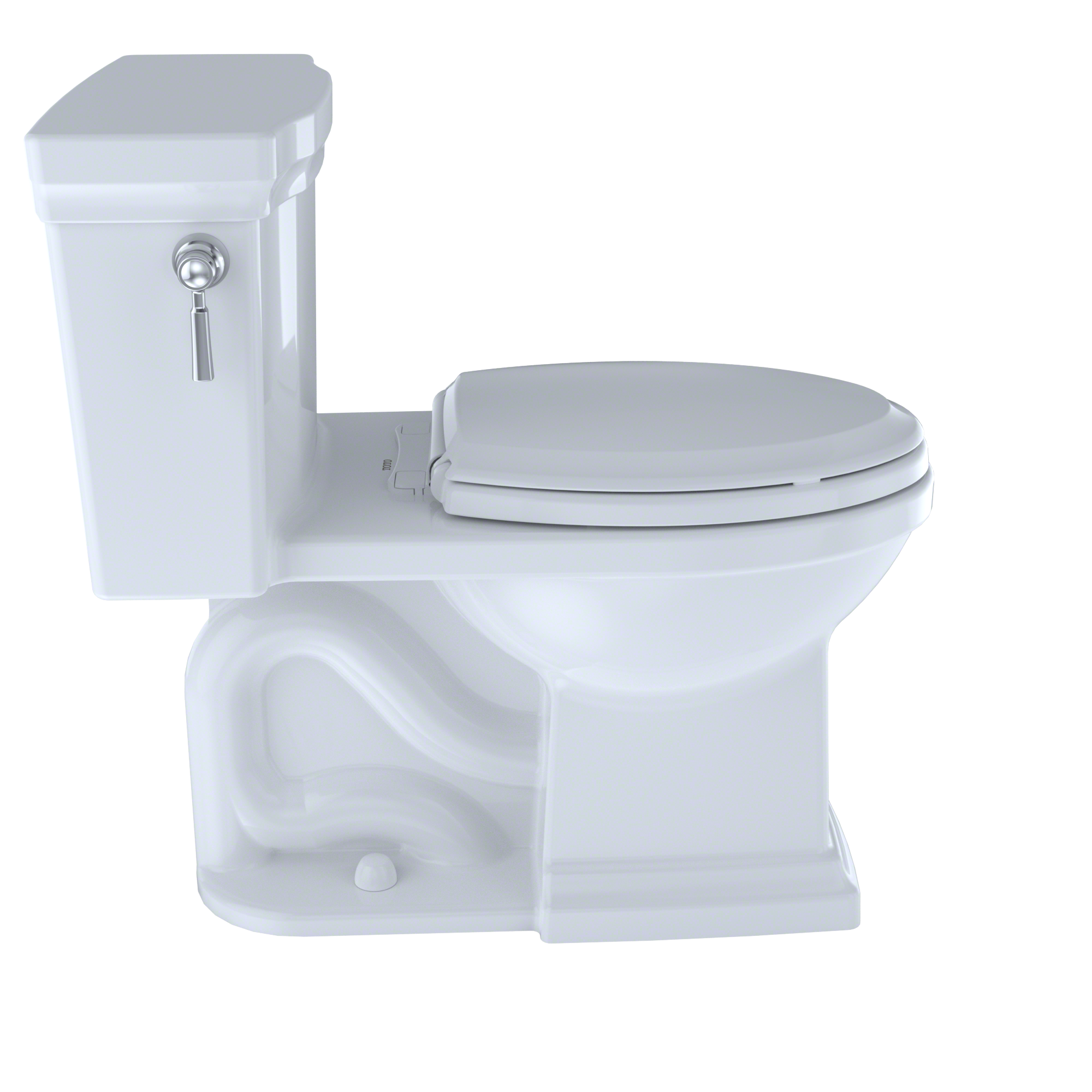 White elongated one-piece toilet with soft-close seat and integrated tank with chrome handle.